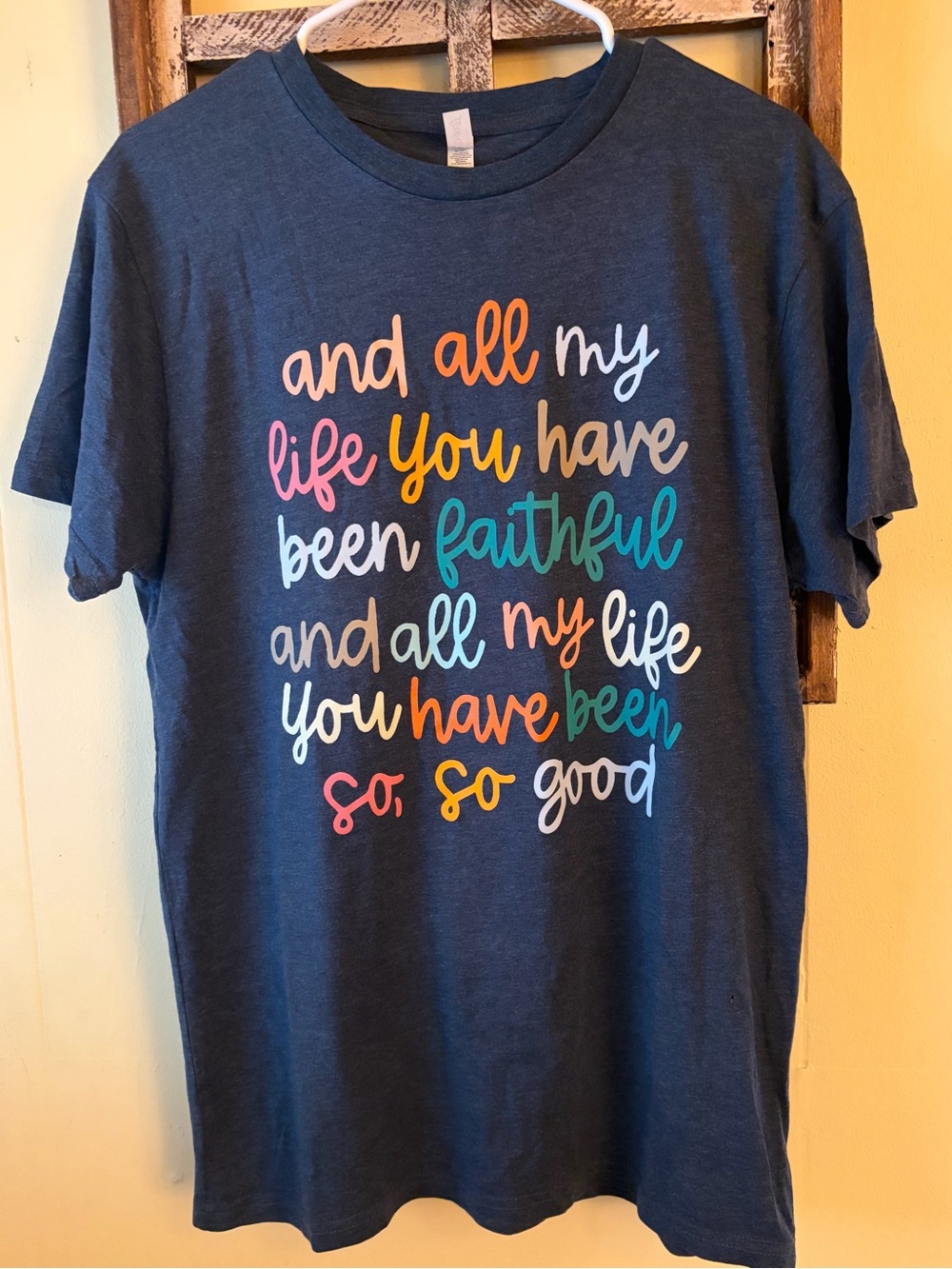 Navy Short-Sleeve Graphic Tee with Multi-Color Script
